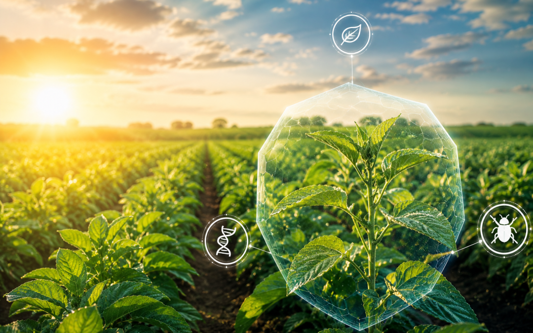 How do microbes produce biopesticides that help protect crops while reducing environmental impacts?