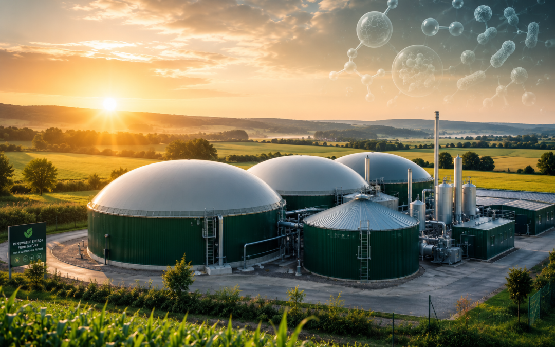 How do microbes convert organic waste into biogas, a renewable source of energy?